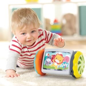 Infantino Mirror Me Activity Roller for babies 6 months and older, featuring a reflective mirror, vibrant colors, and sensory textures for tummy time and playtime.