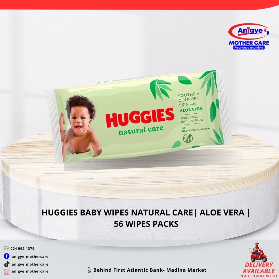 Close-up of Huggies Natural Care Baby Wipes pack with Aloe Vera, featuring 56 gentle, hypoallergenic wipes suitable for delicate baby skin.