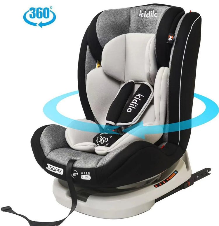 Kidilo BXS-223A Baby Car Seat ISOFIX 360° in a car, showcasing its 360-degree rotation, ISOFIX compatibility, side-impact protection, and comfortable design for children 0-36kg (0-12 years).