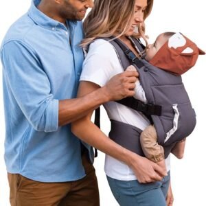 Infantino Cuddle Up Ergonomic Hoodie Carrier, featuring adjustable straps, soft breathable fabric, and a built-in hoodie for babies 5.4-18kg, worn by a parent carrying their baby.