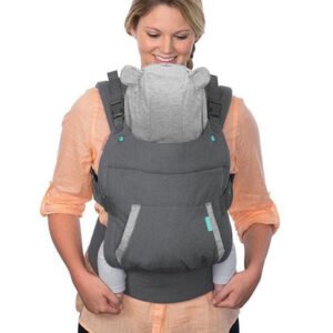 Infantino Cuddle Up Ergonomic Hoodie Carrier, featuring adjustable straps, soft breathable fabric, and a built-in hoodie for babies 5.4-18kg, worn by a parent carrying their baby.