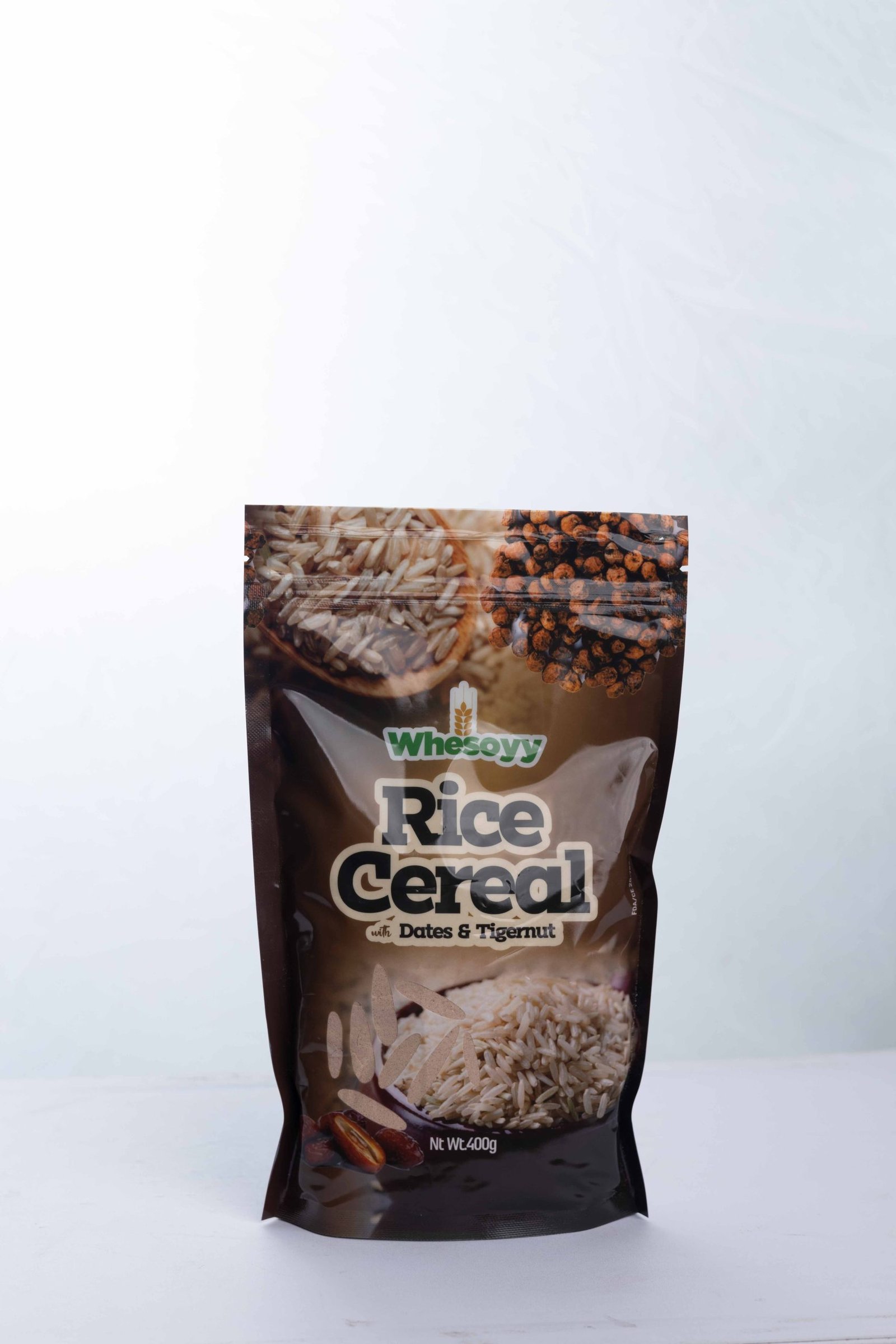 A 400g pack of Whesoyy Rice Cereal with Dates & Tigernut, a nutritious and gluten-free baby cereal ideal for weaning and promoting healthy growth