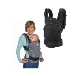 Manduca Baby Carrier, featuring adjustable shoulder straps, a wide waistband, ergonomic seat, and breathable fabric, worn by a parent carrying their baby in a front-facing position
