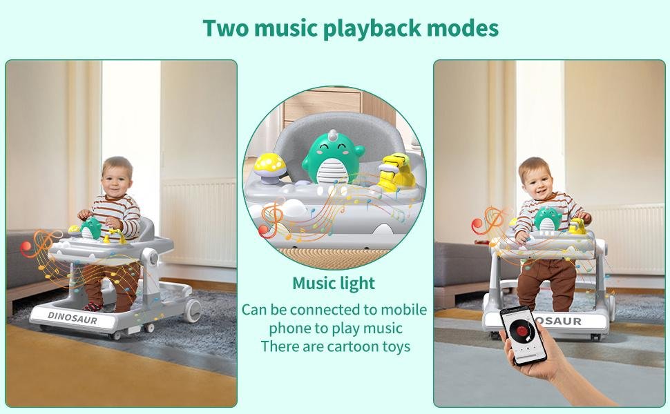 4-in-1 Multifunctional Baby Walker with Music Tray, Feeding Tray, and Removable Footrest for Boys and Girls 7-18 Months Grey - Image 5