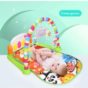 Pedal Piano Gym Mat with colorful dangling toys, a light-up musical piano, and a padded play base for infants.