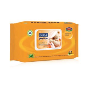 Optimal Baby Wipes Hypoallergenic, 72 wipes per pack, enriched with Vitamin E and Aloe Vera, ideal for sensitive baby skin.