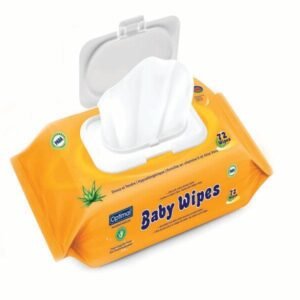 Optimal Baby Wipes Hypoallergenic, 72 wipes per pack, enriched with Vitamin E and Aloe Vera, ideal for sensitive baby skin.