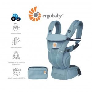 Ergobaby Omni Breeze All-In-One Baby Carrier in use, featuring breathable SoftFlex™ mesh fabric, adjustable straps, and a detachable storage pouch for parents and babies aged 0-4 years