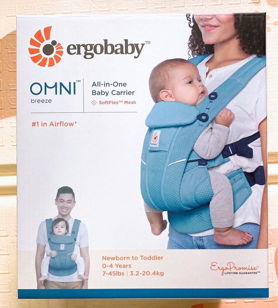 Ergobaby Omni Breeze All-In-One Baby Carrier in use, featuring breathable SoftFlex™ mesh fabric, adjustable straps, and a detachable storage pouch for parents and babies aged 0-4 years