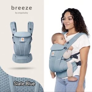 Ergobaby Omni Breeze All-In-One Baby Carrier in use, featuring breathable SoftFlex™ mesh fabric, adjustable straps, and a detachable storage pouch for parents and babies aged 0-4 years