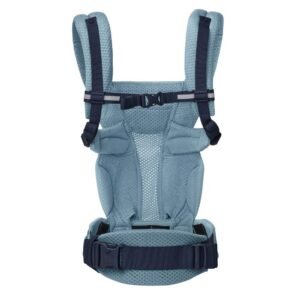 Ergobaby Omni Breeze All-In-One Baby Carrier in use, featuring breathable SoftFlex™ mesh fabric, adjustable straps, and a detachable storage pouch for parents and babies aged 0-4 years