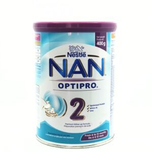 A tin of NAN 2 Optipro 400g baby formula, designed for infants aged 6 months and above, placed on a clean white background with a soft pastel design, symbolizing growth and nourishment.