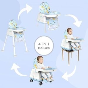 Golden Bee Deluxe 4 in 1 Convertible High Chair for Babies and Toddlers, Feeding Seat with Tray, Wheels, Safety Belt, and Cushion Seat, for Baby Boy & Girl 6 Months to 3 Years