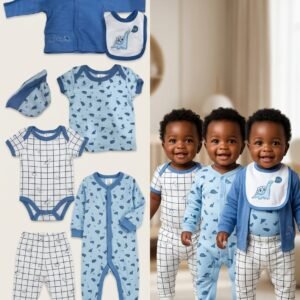 Multi-Piece Blue Dinosaur & Checkered Layette Set