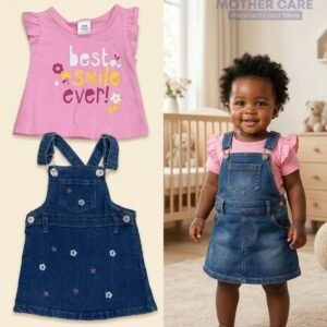 2-Piece "Best Smile Ever" Embroidered Denim Pinafore Set