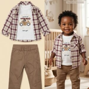 Cocosiss 3-Piece Plaid Shirt, Graphic Tee & Khaki Pant Set