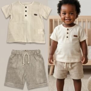 Maikids 2-Piece Linen-Style Henley & Striped Shorts Set