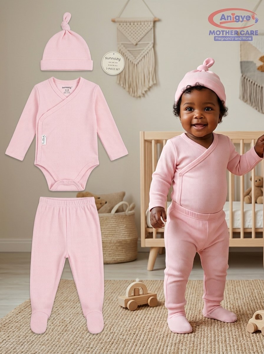 Sunnozy 3-Piece Pink Ribbed Footed Layette Set