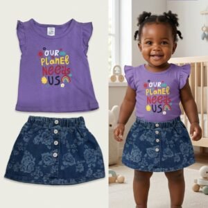 2-Piece "Our Planet Needs Us" Flutter Top & Floral Denim Skirt Set