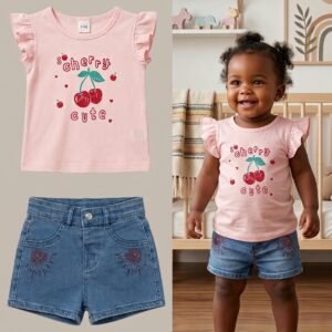 2-Piece "Cherry Cute" Flutter Top & Denim Shorts Set