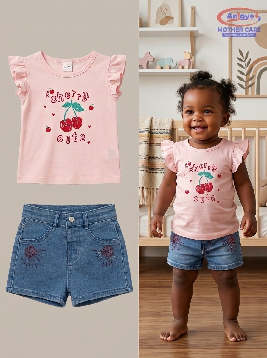 2-Piece "Cherry Cute" Flutter Top & Denim Shorts Set