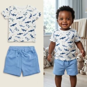 3-Piece Shark Print Tee & Blue Shorts Set