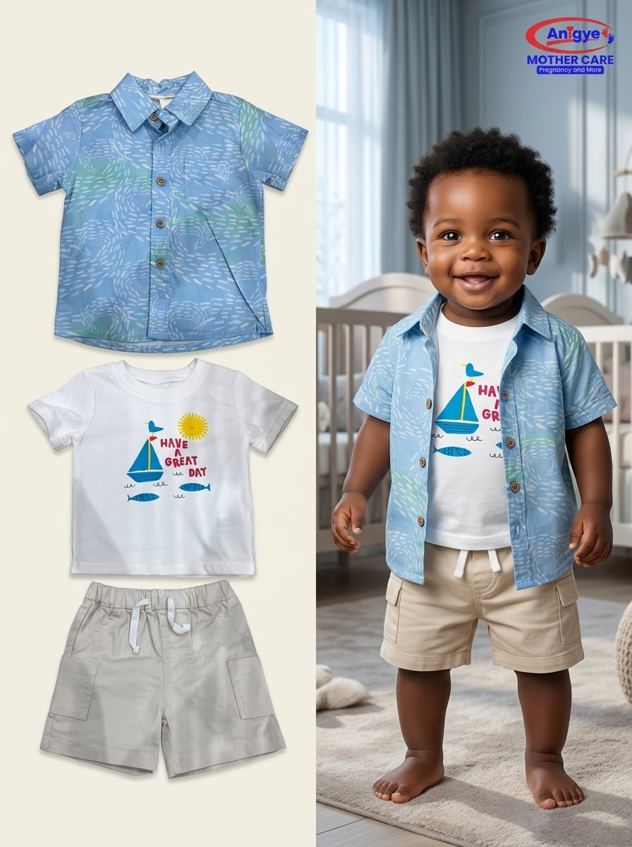 3-Piece "Have a Great Day" Nautical Shirt, Tee & Shorts Set