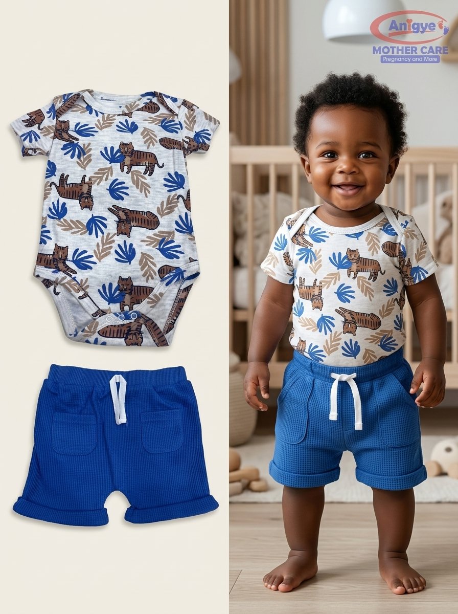 3-Piece Tiger Print & Blue Waffle Knit Set - Image 3