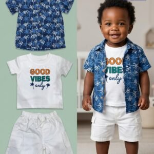 3-Piece "Good Vibes Only" Tropical Palm Tree Shirt, Tee & Shorts Set