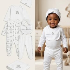 Multi-Piece White Bear Layette Set