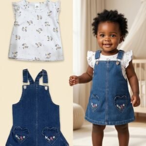 TIAGHRB 2-Piece Floral Flutter Top & Heart-Pocket Denim Pinafore Set