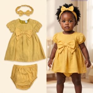 Cute Koala 3-Piece Sunshine Yellow Bow Dress Set
