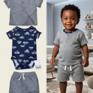 3-Piece Car Print & Grey Waffle Knit Set