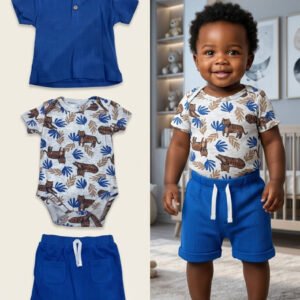 3-Piece Tiger Print & Blue Waffle Knit Set