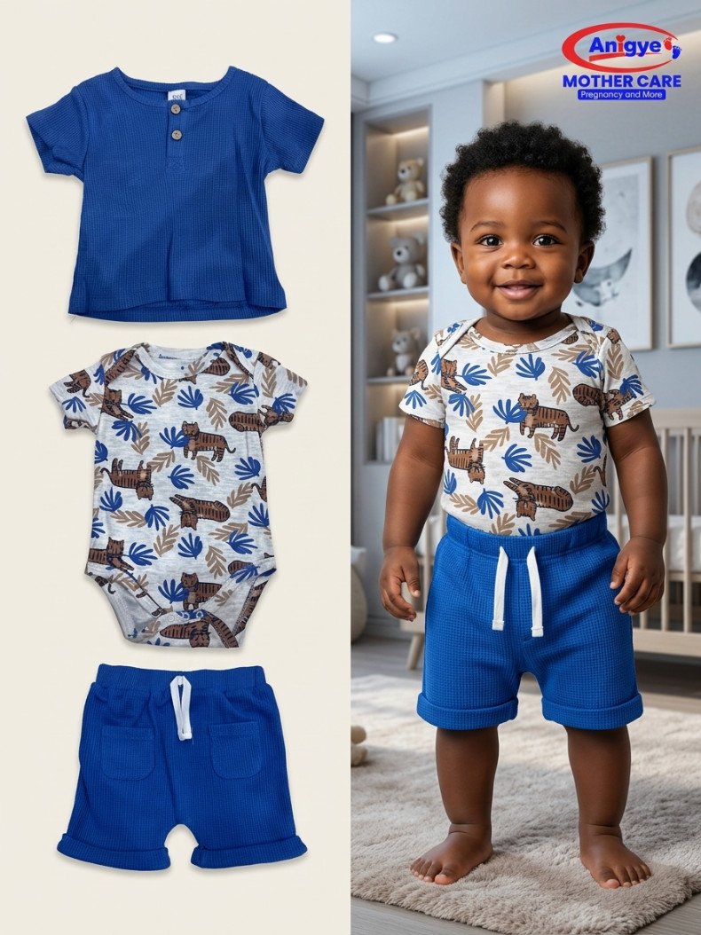 3-Piece Tiger Print & Blue Waffle Knit Set