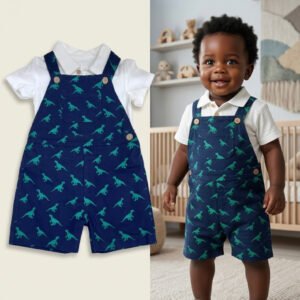 2-Piece White Polo & Dinosaur-Print Overall Shorts Set