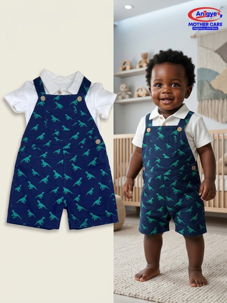 2-Piece White Polo & Dinosaur-Print Overall Shorts Set