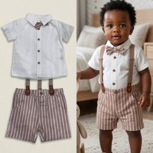 Cute Koala 2-Piece Gentleman Button-Down & Striped Suspenders Shorts Set