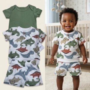 3-Piece Dinosaur Print Waffle-Knit & Sage Bodysuit Set