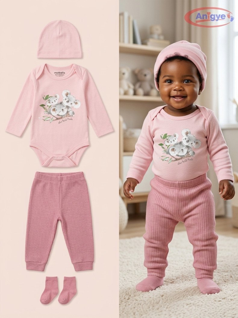 Maibella 4-Piece "Live Wild Koala" Long-Sleeve Bodysuit & Pants Set