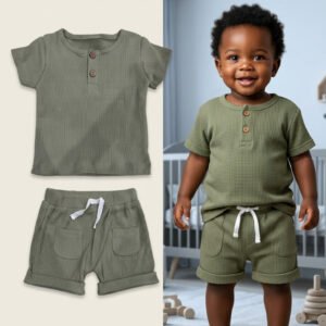 3-Piece Bird Print & Sage Green Waffle Knit Set